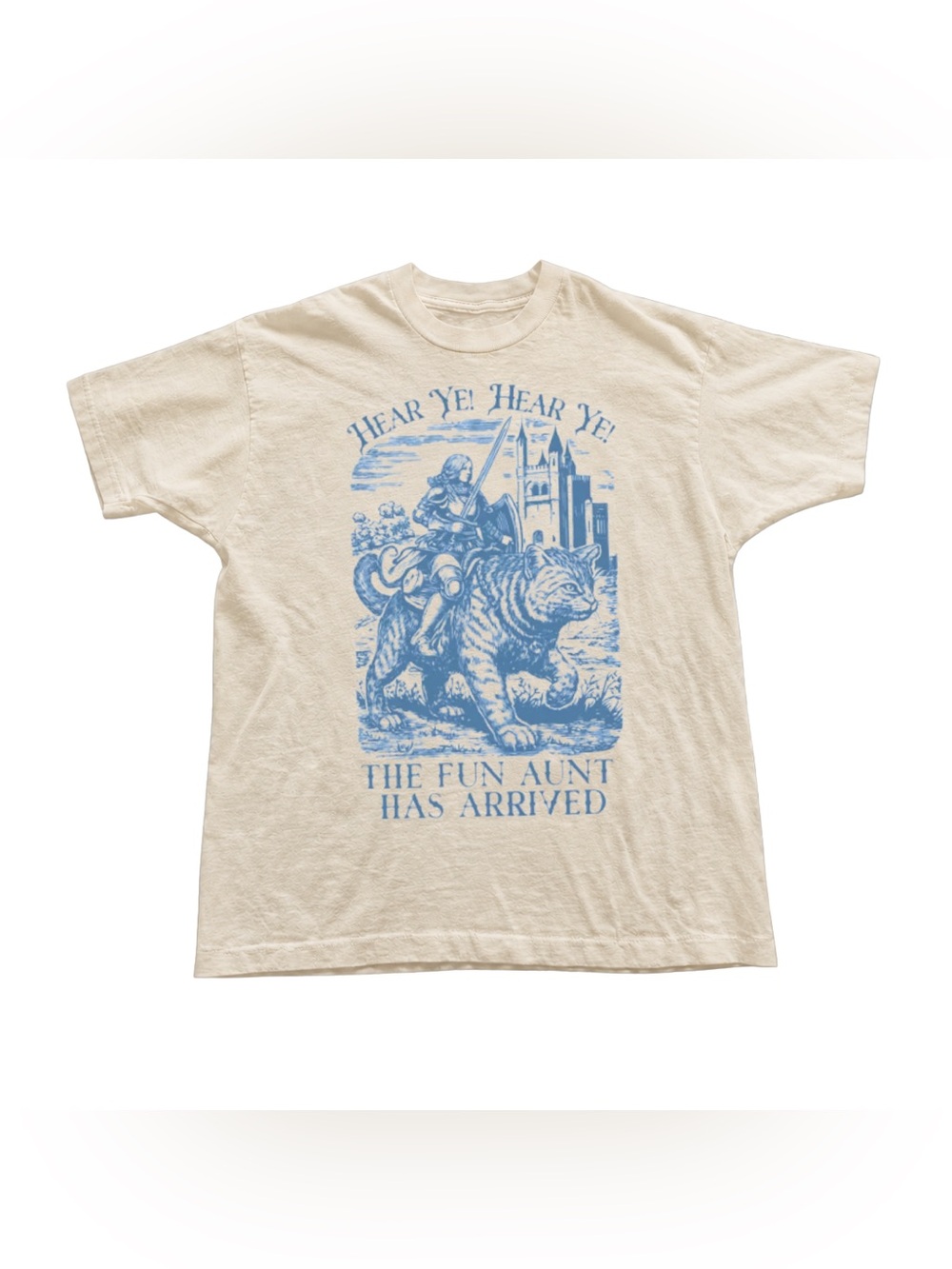 Off White Short Sleeve Tee with Blue Medieval Knight Graphic